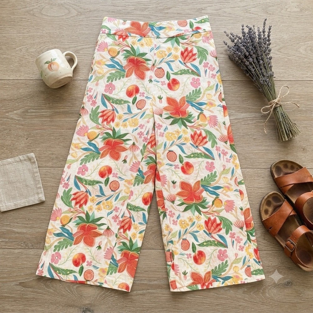 C&C California Linen Blend Wide Leg Floral Fruit Print Pants Womens Large NWT
